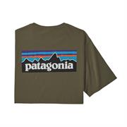 Patagonia t-shirt i en basin-grøn farve med stort Patagonia p-6 logo på ryggen.